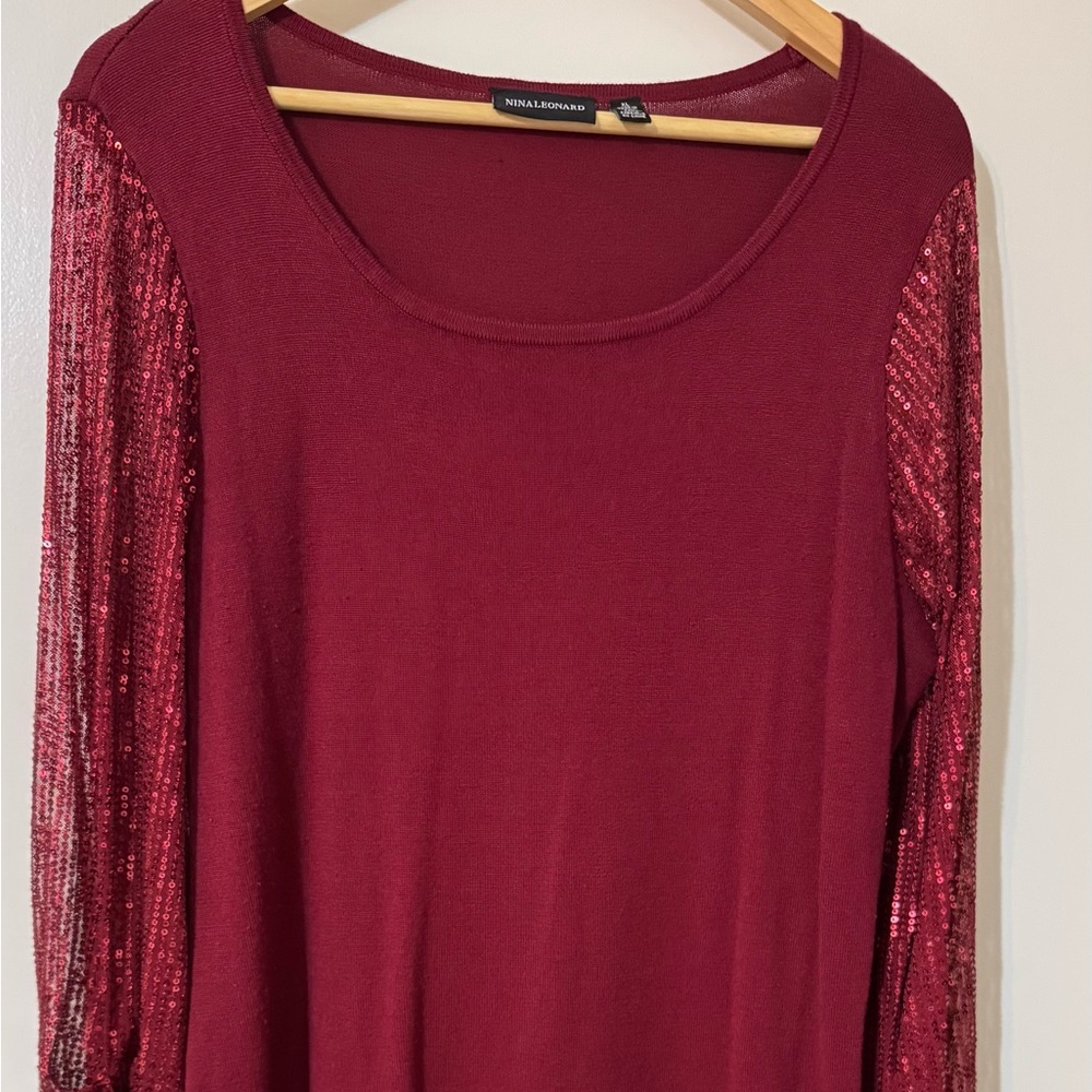 Nina Leonard Elegant Burgundy Dress with Sequin Sleeves
